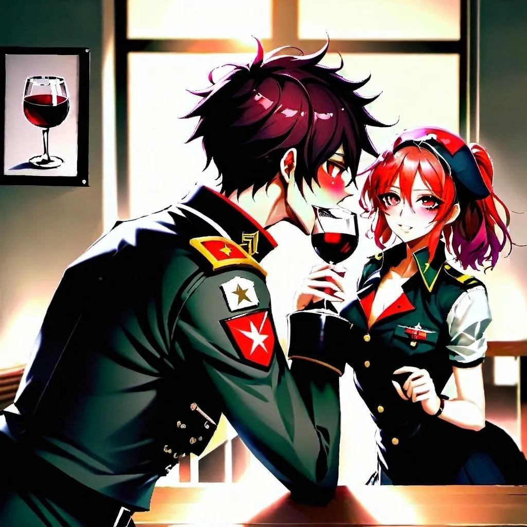 Prompt: A male drink wine with a girl in military uniform kissing both