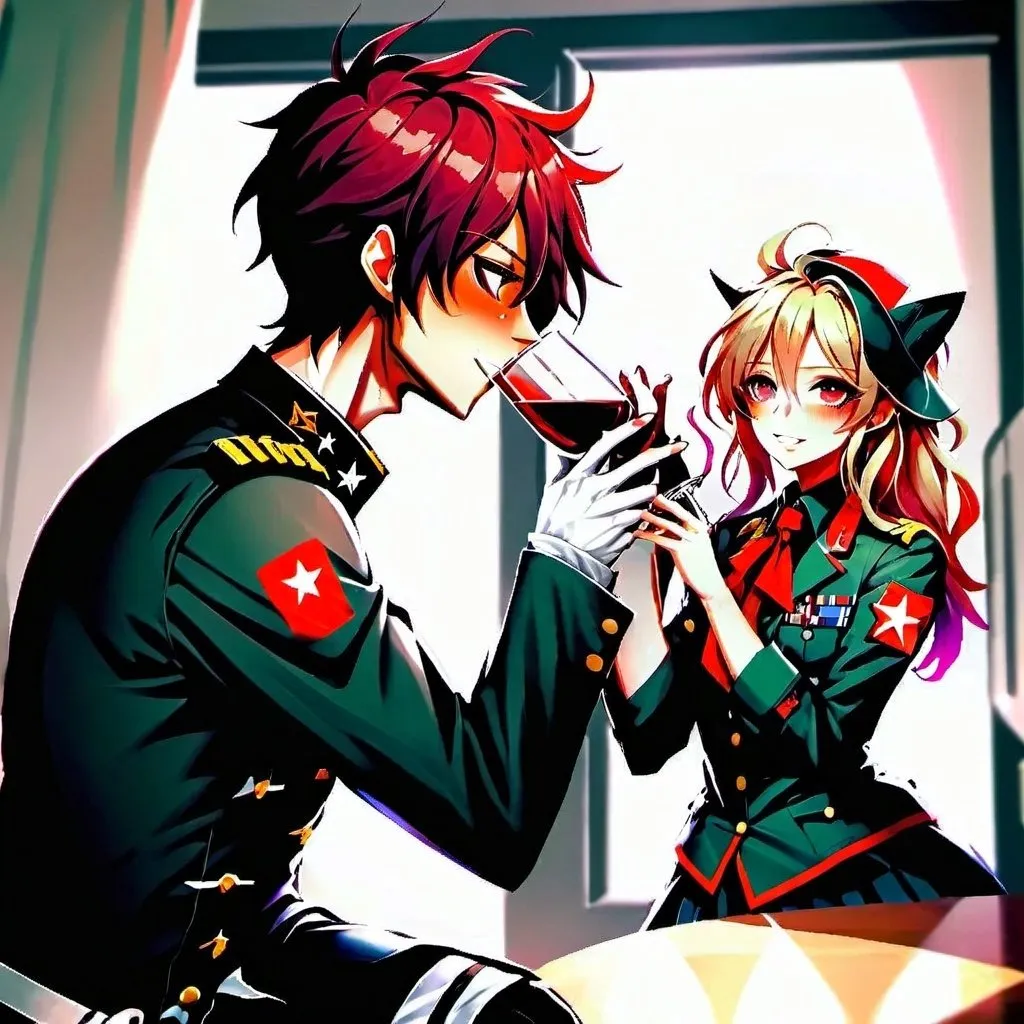 Prompt: A male drink wine with a girl in military uniform kissing both