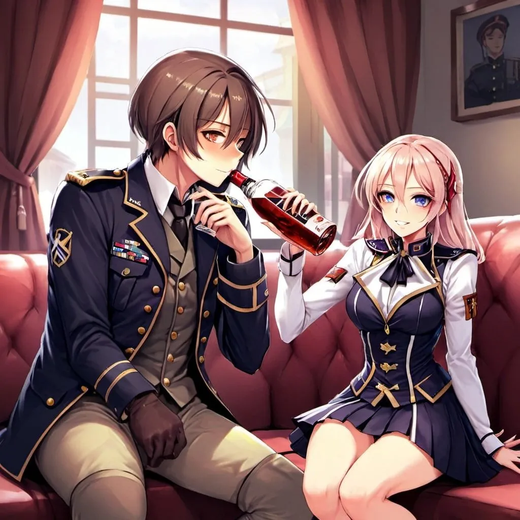 Prompt: A male drinking with a girl in military uniform 