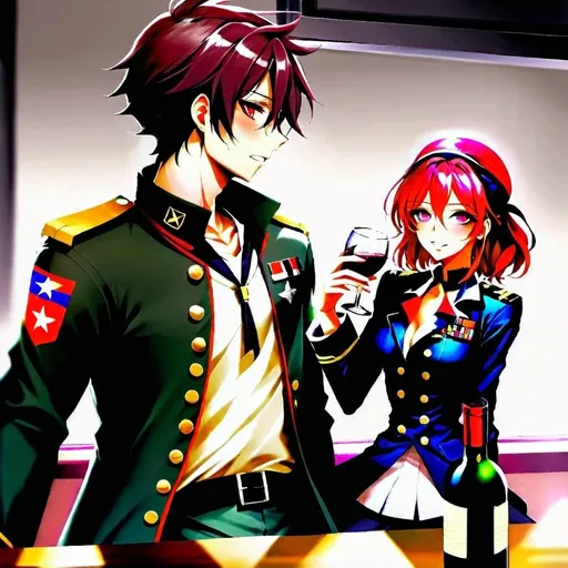 Prompt: A male drink wine with a girl in military uniform 