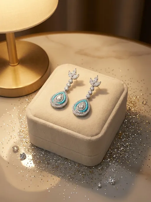 Prompt: Make this drawing into realistic Jewelry pieces sitting on  luxury earring box siting in the light of the modern  luxury table and around the table got some glitters 