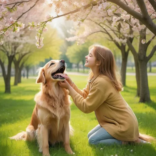 Prompt: (blossom trees), a playful golden retriever, 11 year old girl girl (joyful) interacting, lush green grass, sunlight filtering through branches, the scene full of life and happiness, soft pastel colors, warm and serene ambiance, high detail, ultra-detailed, captivating and heartwarming setting, nature's beauty captured.