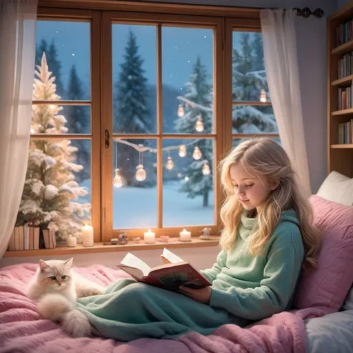 Prompt: (cute scene) a short 11-year-old girl reading a book, (cozy room) adorned with soft fairy lights, (vibrant colors) pink blanket draped over her bed, (medium length blonde hair) flowing gently, large bluey-green eyes fixated on the pages, (fluffy ragdoll cat) peacefully sleeping nearby, (idyllic winter view) through a small window showing soft snow blanketing trees, (warm ambiance) inviting atmosphere, ultra-detailed, HD.