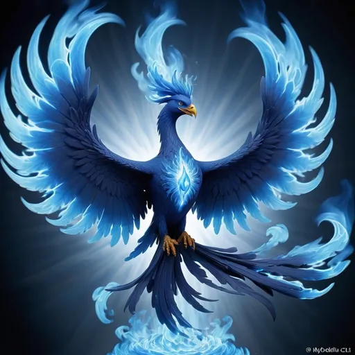 Prompt: <mymodel> Blue Phoenix with lively blue flames getting out of a vortex of sublime divine light