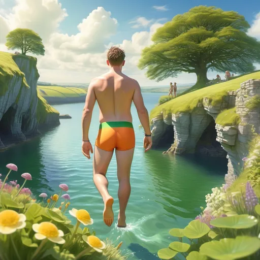 Prompt: Fantasy style, short and stout man, wearing playful Irish swimming trunks, lively colors, sunlight glistening on crystal-clear water, poised to dive, lush greenery and picturesque landscape of England in the background, whimsical and cheerful ambiance, ultra-detailed, enchanted atmosphere, hints of adventure, magical realism.