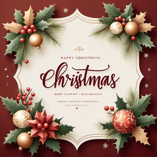 Prompt: (Christmas card design), featuring a (classic) aesthetic, warm colors, and festive elements, your cheerful expression in the picture, elegant fonts conveying a holiday message, decorative borders, subtle ornamentation, cozy and inviting ambiance, high-quality print, suitable for a festive celebration, traditional holiday motifs, balanced composition.