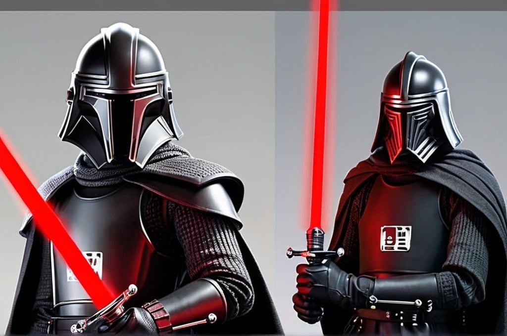 Prompt: The Knights of Ren were a cohort of Dark Side occultists who worshiped a deity named ‘The Dark One’. They originated from the planet Ren in the Unknown regions. Upon the command of ‘The Dark One’, they intercepted the retreat of the imperial remnant and crafted it into the First Order. They wield crimson red lightsabres, wear jet-black plated armour and wear terrifying masks, serving as officers and military leaders in the First Order.
