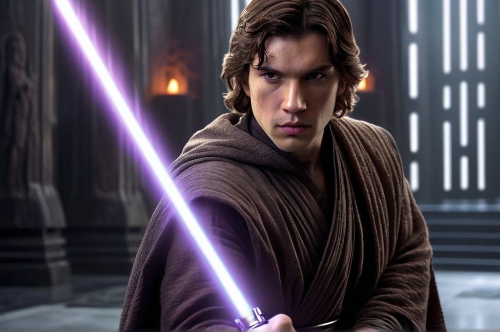 Prompt: Young Ben Solo training with Luke Skywalker, ancient Jedi Temple, detailed faces, 4k ultra-detailed, realistic, sci-fi, ancient Jedi Temple, purple lightsaber, intense training, focused expressions, aged Luke Skywalker, atmospheric lighting, ancient architecture, highres, detailed robes, intense gaze, dramatic lighting, Jedi training, professional, realistic rendering