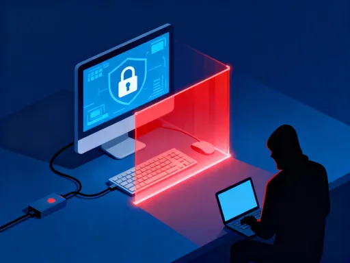 Prompt: a computer connecting to the company through internet in a secure way and on the same picture hacker being blocked to enter the company by a firewall. the picture is 4.48 cm x 7.56 cm and the background is dark blue
 