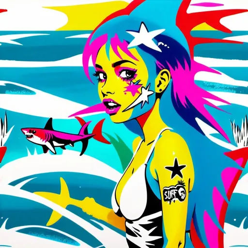 Prompt: Beach babe surf shark punk spray paint 