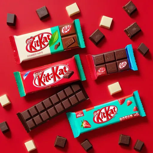 Prompt: A split screen. On the left, a vibrant collage of colorful squares representing different KitKat flavors - strawberry, mint, dark chocolate, white chocolate, etc. On the right, a single, classic red KitKat bar sits innocently.
