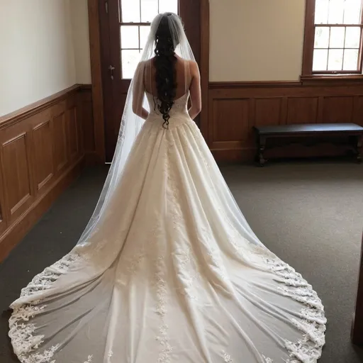 Prompt: Show me an image of me in a romantic style wedding dress with a long train, my hair in a half up half down style and veil