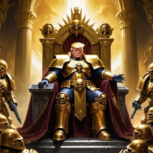 Prompt: donald trump as the god emperor of mankind. on a giant throne. style of warhammer 40k with space marines kneeling before him. he is dressed in golden armor and his expression is benevolent smiling. a golden light radiates from behind the throne.