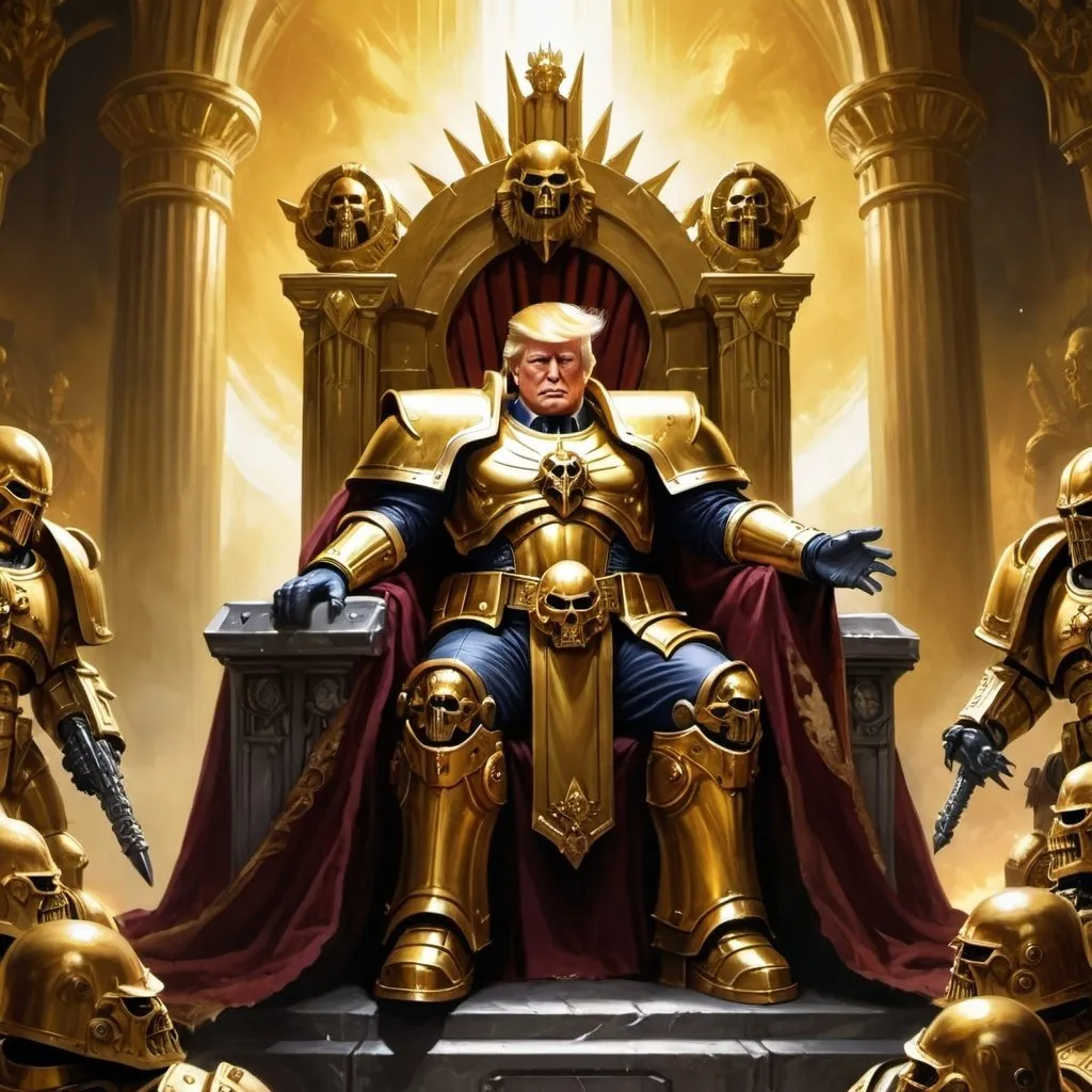 Prompt: donald trump as the god emperor of mankind. on a giant throne. style of warhammer 40k with space marines kneeling before him. he is dressed in golden armor and his expression is benevolent smiling. a golden light radiates from behind the throne.