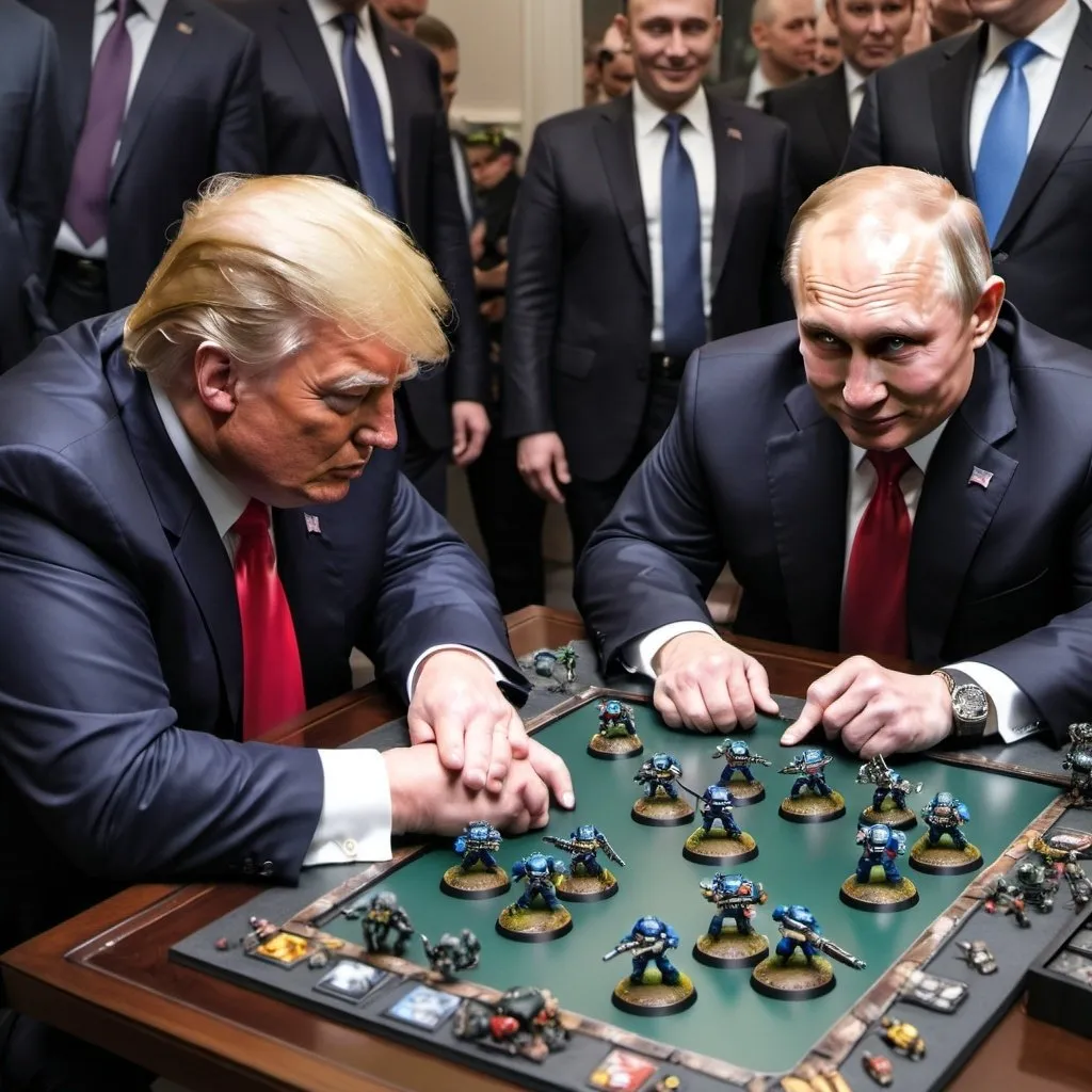 Prompt: donald trump having a game of warhammer 40k with vladimir putin. little models of space marines and orks on a gaming table. Both men with happy expressions.