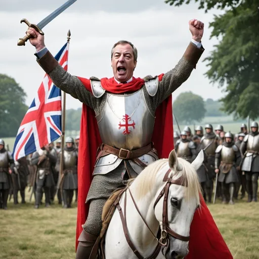 Prompt: nigel farage playing shakespeare's henry v. The scene is at agincourt. large sword in the air. on the battlefield. victory. english flag