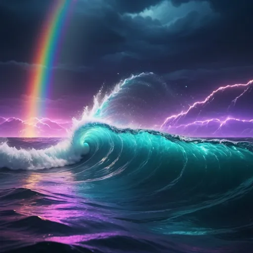 Prompt: stormy sea , rainbow particles , rays of starlight , realistic , beautiful clarity , 4k , best quality , super details , 8K, style neon