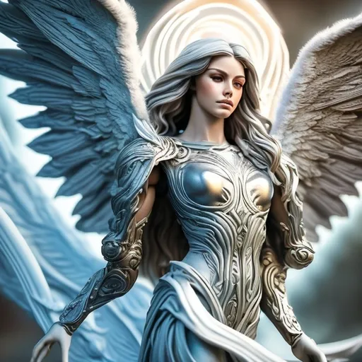 Prompt: Imagine a female archangel, her ashen hair flowing like silver flames, a face of divine beauty framed by thoughtful eyes. Her figure, strong and graceful, adorned with tanned skin radiating confidence. Ethereal wings unfurled, standing proudly with heroic proportions. Every intricate detail captured in a stunningly realistic portrait.