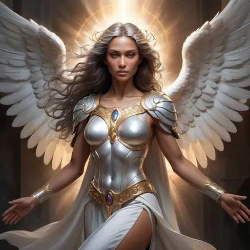 Prompt: a female archangel with ashen hair and a beautiful face with an interesting figure. Moreover, she has a tanned skin. Lastly, she looks strong and confident., with heroic proportions. realistic, lots of detail