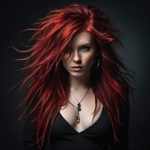 Prompt: In a dark, mysterious setting, a daring woman with vibrant red hair and trendy piercings strikes a fierce pose for a photo. Her wild, messy hair contrasts in black and red hues, creating a striking blend of edginess and glamor. The long, shaggy locks cascade around her, exuding confidence and individuality