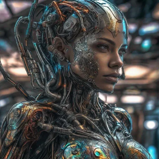 Prompt: lightroom, breathtaking, dark magic, grimdark, creepy tale, beautiful female cyborg, engraving multi colored metal body, detailed pipes, battle scene,  dynamic pose, contrapposto Intricate details, hyperdetailed, 8k hdr, high detailed, lot of details, high quality
