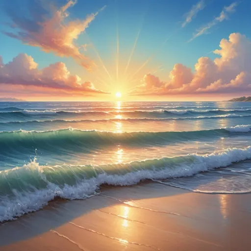Prompt: Beautiful sunrise over clear blue water, serene beach, realistic digital painting, tranquil atmosphere, high quality, detailed waves, vibrant colors, picturesque scenery, peaceful vibe, professional artwork, beach landscape, soft morning light, calming ambiance, realistic water reflections, sun-kissed clouds, breathtaking view, sunny coastal scene, artful depiction