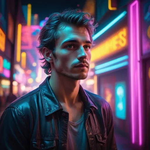 Prompt: Imagine a scene where a captivating man stands against a backdrop of vibrant neon lights. The colors playfully dance around him, creating a dreamy atmosphere. Light particles add a magical touch, floating like fairy dust. His face, with exquisite realism, exudes charm and mystery, drawing you into the enchanting visual tapestry.