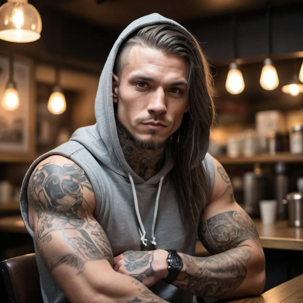 Prompt: Muscular man with tattoos and piercings, long hair, sleeveless hoodie, urban cafe setting, detailed facial features, high quality, realistic, urban, detailed tattoos, intense gaze, atmospheric lighting, long hair, muscular build, piercings, sleeveless hoodie, cafe setting