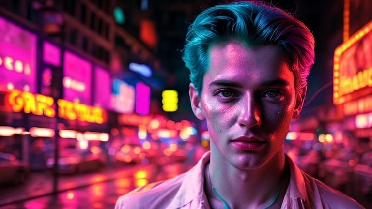 Prompt: Imagine a scene where a captivating man stands against a backdrop of vibrant neon lights. The colors playfully dance around him, creating a dreamy atmosphere. Light particles add a magical touch, floating like fairy dust. His face, with exquisite realism, exudes charm and mystery, drawing you into the enchanting visual tapestry.