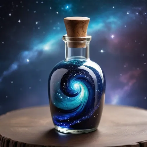 Prompt: A mesmerizing glass bottle containing a swirling galaxy, with vibrant hues of deep indigo, sparkling sapphire, and ethereal turquoise. The galaxy within the bottle is alive with celestial energy, featuring nebulae, twinkling stars, and wisps of cosmic dust. The glass bottle itself is exquisitely crafted, adorned with intricate constellations etched into its surface, capturing the essence of a boundless universe within