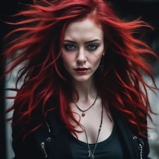 Prompt: In a dark, mysterious setting, a daring woman with vibrant red hair and trendy piercings strikes a fierce pose for a photo. Her wild, messy hair contrasts in black and red hues, creating a striking blend of edginess and glamor. The long, shaggy locks cascade around her, exuding confidence and individuality