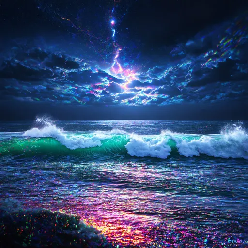 Prompt: Imagine a majestic stormy sea illuminated by rainbow particles and rays of mesmerizing starlight. The scene is rendered in stunning realism with beautiful clarity, capturing every detail in 4K resolution. The neon style brings an electrifying touch to this high-quality image, immersing viewers in its intricate and vibrant world.