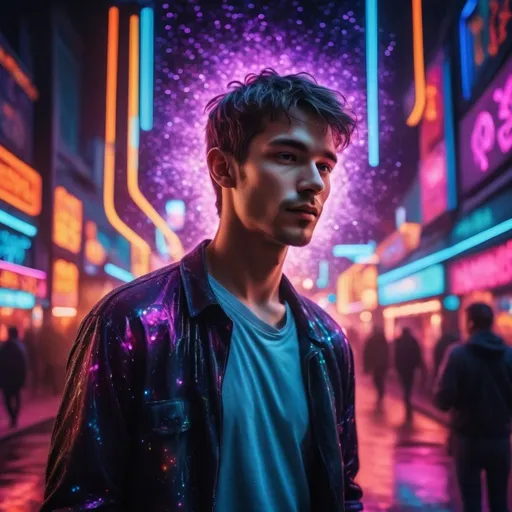 Prompt: Imagine a scene where a captivating man stands against a backdrop of vibrant neon lights. The colors playfully dance around him, creating a dreamy atmosphere. Light particles add a magical touch, floating like fairy dust. His face, with exquisite realism, exudes charm and mystery, drawing you into the enchanting visual tapestry.