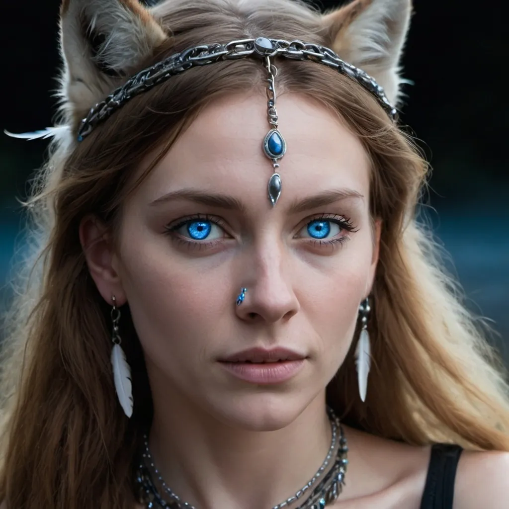 Prompt: A close-up portrait of a woman  with piercing blue eyes, her face  illuminated by the moonlight.  She wears a necklace of wolf  teeth, and her hair is adorned  with feathers.