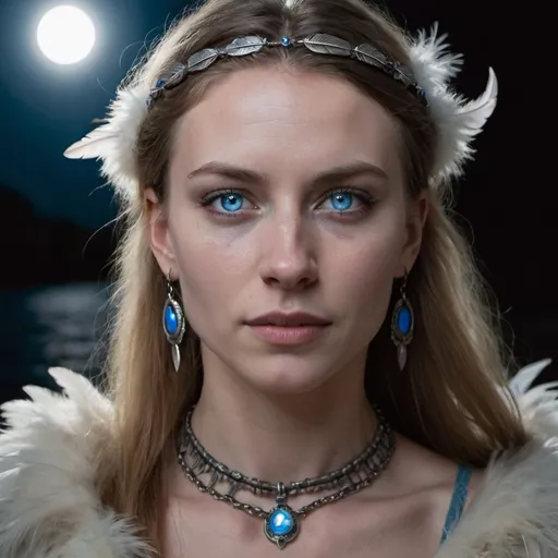 Prompt: A close-up portrait of a woman  with piercing blue eyes, her face  illuminated by the moonlight.  She wears a necklace of wolf  teeth, and her hair is adorned  with feathers.