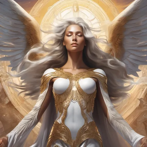 Prompt: Visualize a mesmerizing scene of a celestial female archangel exuding unparalleled power. Her ashen hair flows elegantly down her majestic form, complemented by radiant tanned skin. With heroic proportions, she embodies divine strength and confidence, each intricate detail capturing her awe-inspiring essence in a realistic and captivating portrayal.