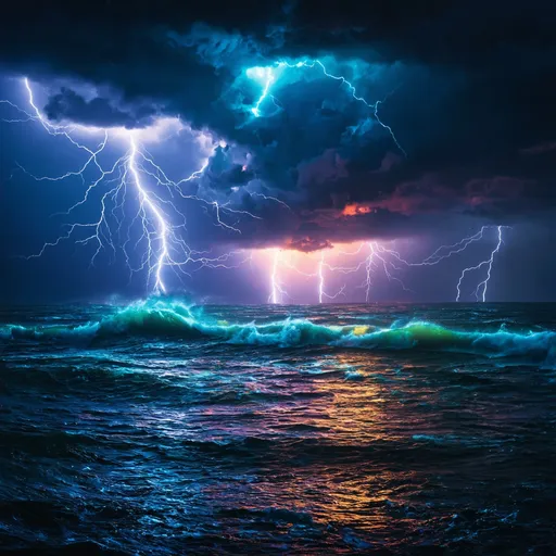 Prompt: Picture a breathtaking stormy sea, aglow with rainbow particles and shimmering starlight. A scene of unparalleled magnificence rendered in mesmerizing 4K detail. The neon-inspired style adds an electrifying aura, engulfing viewers in a world as vivid and intricate as it is vibrant and alive.