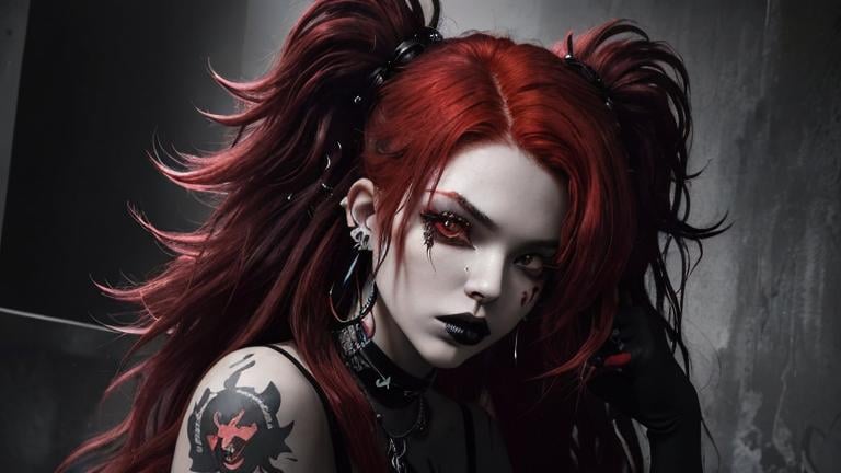 Prompt: In a dark, mysterious setting, a daring woman with vibrant red hair and trendy piercings strikes a fierce pose for a photo. Her wild, messy hair contrasts in black and red hues, creating a striking blend of edginess and glamor. The long, shaggy locks cascade around her, exuding confidence and individuality