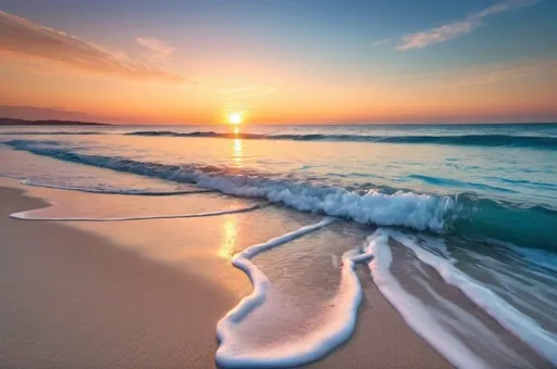 Prompt: A beautiful scenic beach with a beautiful sunrise over clear blue water