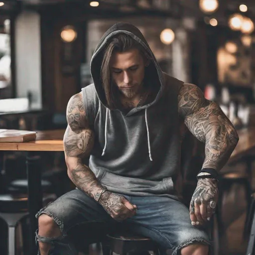 Prompt: man, tattoos, piercings, long hair, muscular build, sleeveless hoodie, cafe