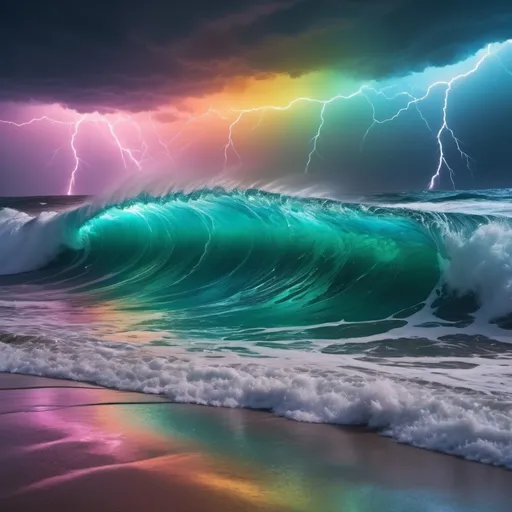 Prompt: Imagine a tempestuous sea illuminated by rainbow-hued particles and sparkling starlight. The mesmerizing 4K detail captures every wave and lightning strike in exquisite precision. The neon-inspired style infuses an electrifying energy, enveloping spectators in a vivid, vibrant, and pulsating world teeming with life and mystery.