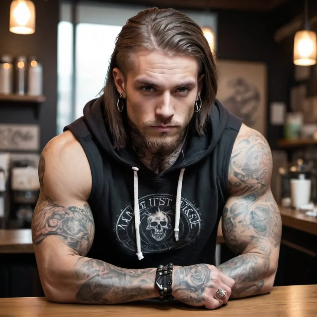 Prompt: man, tattoos, piercings, long hair, muscular build, sleeveless hoodie, cafe