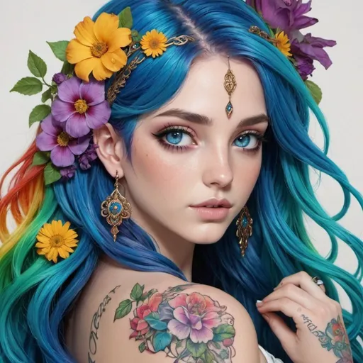 Prompt: beautiful goddess, long rainbow hair, blue eyes, flower tattoos, earrings, detailed