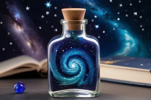 Prompt: A mesmerizing glass bottle containing a swirling galaxy, with vibrant hues of deep indigo, sparkling sapphire, and ethereal turquoise. The galaxy within the bottle is alive with celestial energy, featuring nebulae, twinkling stars, and wisps of cosmic dust. The glass bottle itself is exquisitely crafted, adorned with intricate constellations etched into its surface, capturing the essence of a boundless universe within