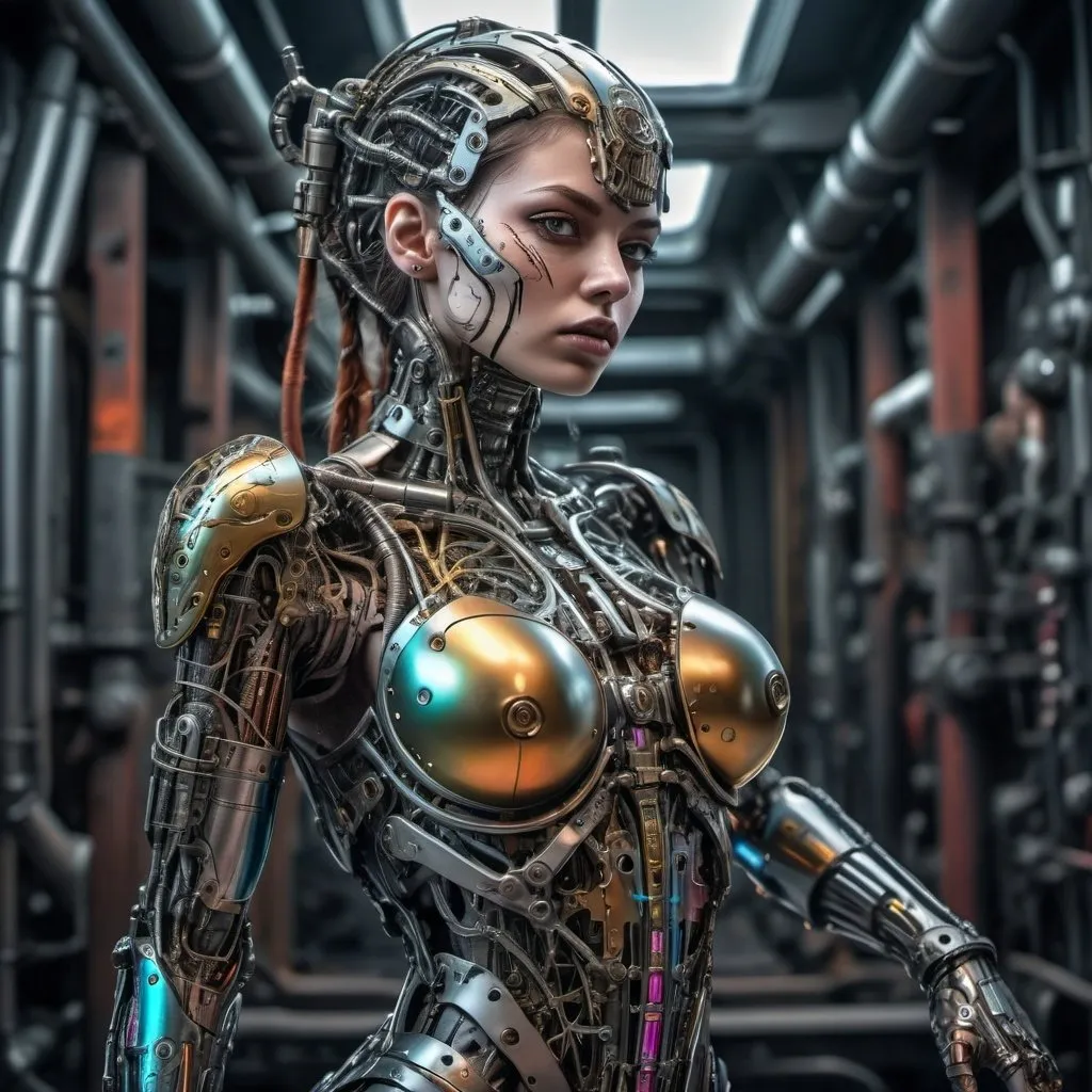 Prompt: lightroom, breathtaking, dark magic, grimdark, creepy tale, beautiful female cyborg, engraving multi colored metal body, detailed pipes, battle scene,  dynamic pose, contrapposto Intricate details, hyperdetailed, 8k hdr, high detailed, lot of details, high quality