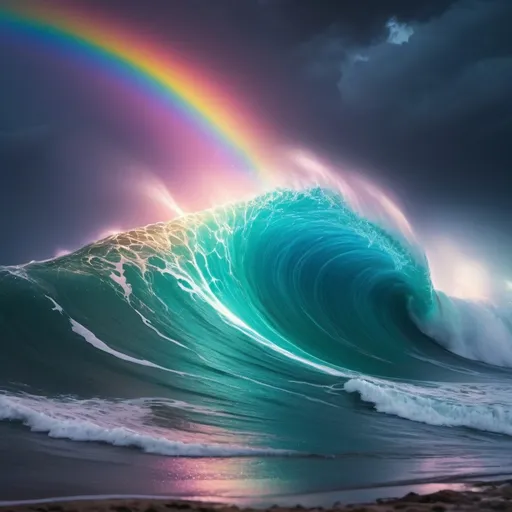 Prompt: Imagine a tempestuous sea illuminated by rainbow-hued particles and sparkling starlight. The mesmerizing 4K detail captures every wave and lightning strike in exquisite precision. The neon-inspired style infuses an electrifying energy, enveloping spectators in a vivid, vibrant, and pulsating world teeming with life and mystery.