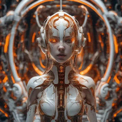 Prompt: lightroom, professional photo breathtaking, dark magic, grimdark, creepy tale, girl cyborg, white and gold body, orange and white body, ruby light on eyes, engraving body, detailed pipes, battle scene, dynamic pose, contrapposto Intricate details, hyperdetailed, 8k hdr, high detailed, lot of details, high quality