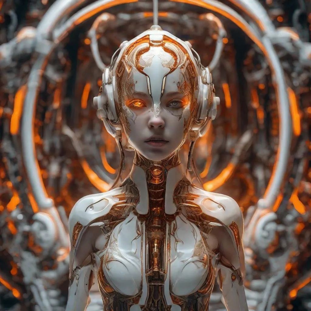 Prompt: lightroom, professional photo breathtaking, dark magic, grimdark, creepy tale, girl cyborg, white and gold body, orange and white body, ruby light on eyes, engraving body, detailed pipes, battle scene, dynamic pose, contrapposto Intricate details, hyperdetailed, 8k hdr, high detailed, lot of details, high quality