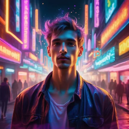 Prompt: Imagine a scene where a captivating man stands against a backdrop of vibrant neon lights. The colors playfully dance around him, creating a dreamy atmosphere. Light particles add a magical touch, floating like fairy dust. His face, with exquisite realism, exudes charm and mystery, drawing you into the enchanting visual tapestry.