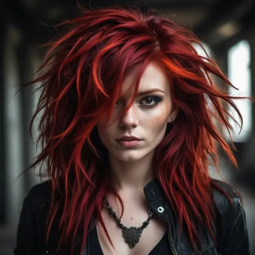 Prompt: In a dark, mysterious setting, a daring woman with vibrant red hair and trendy piercings strikes a fierce pose for a photo. Her wild, messy hair contrasts in black and red hues, creating a striking blend of edginess and glamor. The long, shaggy locks cascade around her, exuding confidence and individuality